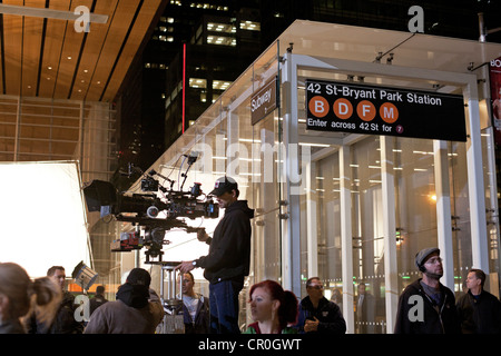 A scene from the HBO television series 'The Newsroom' is filmed at night in New York City.