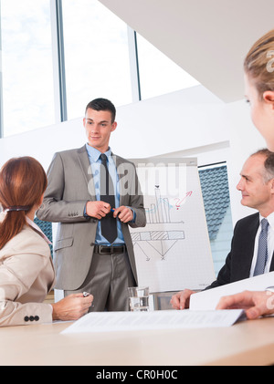 Young man giving a presentation to his colleagues with the aid of a flip chart Stock Photo