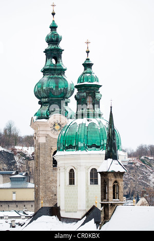 Steeples of Kollegienkirche, collegiate church and Franziskanerkirche, Franciscan church, Salzburg, Austria, Europe Stock Photo