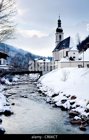 Catholic parish church of St. Sebastian in winter, Ramsau bei Berchtesgaden, Alps, Bavaria, Germany, Europe Stock Photo