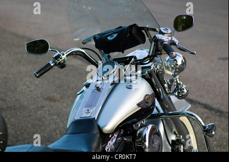 Old Harley Davidson motorcycle parked in the historic downtown district, small mountain town of Salida, Colorado, USA Stock Photo