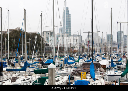 The San Francisco skyline provides the backdrop for sailboats in the South Beach Harbor. Stock Photo