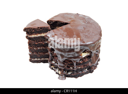 Mini chocolate cake with sliced piece isolated on white Stock Photo