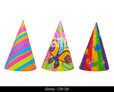 Three party birthday colorful hats isolated on white background Stock Photo