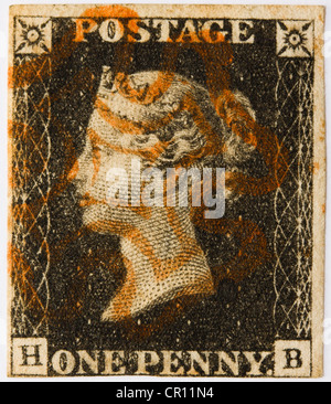1840 Penny Black with a red Maltese Cross postmark Stock Photo