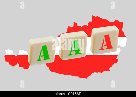 Three A's on a map of Austria, one is red as a symbol of the risk of losing the Triple A ranking, symbolic image for the rating Stock Photo