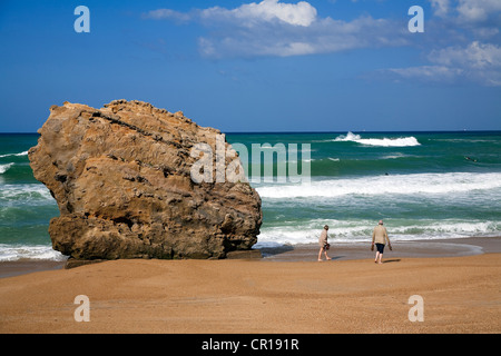France, Pyrenees Atlantiques, Biarritz, rock on the Grande Plage Stock Photo