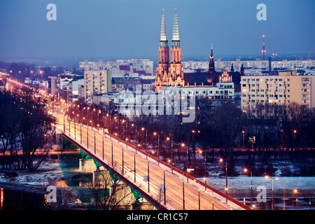 Poland, Warsaw, View over Vistula River towards Praga, Slasko-Dabrowski Bridge on foreground Stock Photo