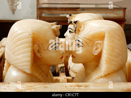 Egypt, Cairo, the Egyptian Museum of Cairo, Toutankhamon's Treasure, box in alabaster with four canopic jars to keep the Stock Photo