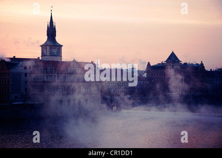 Czech Republic, Prague, View over Vltava River towards Old Town at sunrise Stock Photo