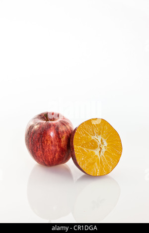 Symbolic image, genetically modified apple, apple and orange cloned together Stock Photo