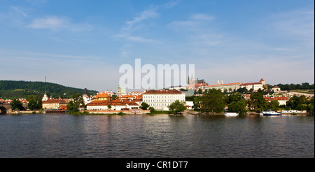 View of the Vltava River, Prague Castle at the back, St. Vitus Cathedral, Hradcany district, Prague, Bohemia region Stock Photo