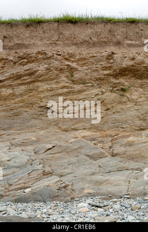 coastal proterozoic rock deposits forming a low cliff on the Brittany coast at Plozevet Stock Photo