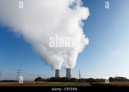 Clouds of steam, cooling towers of Grafenrheinfeld Nuclear Power Plant near Schweinfurt, Lower Franconia, Franconia, Bavaria Stock Photo