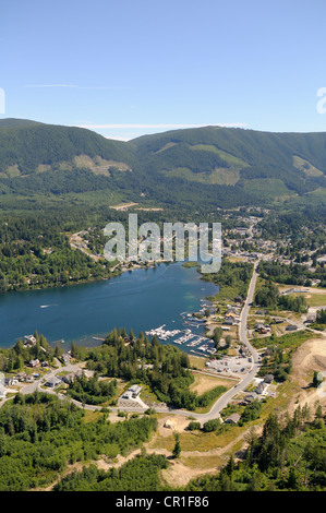 Aerial view of the town of Lake Cowichan on Cowichan Lake, Vancouver Island, British Columbia, Canada Stock Photo