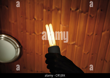 Hand holding illuminated energy saving bulb Stock Photo