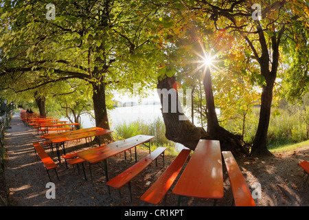 Tables from the beer garden of Maisinger Seehof, Lake Maising near Maising, community of Poecking, Fuenfseenland Stock Photo