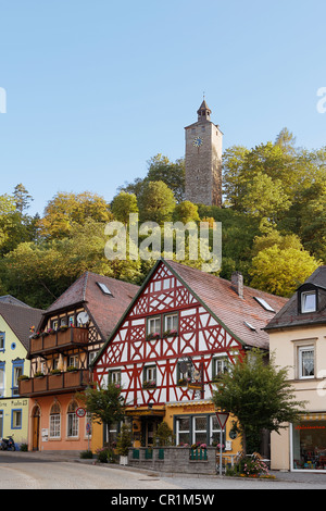Schlossturm tower and Marktplatz square, Bad Berneck, Fichtelgebirge mountain range, Upper Franconia, Franconia, Bavaria Stock Photo