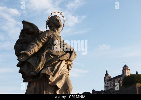 Statue of the Holy Virgin Mary, Our Lady of Franconia, Old Main Bridge, Wuerzburg, Lower Franconia, Franconia, Bavaria Stock Photo