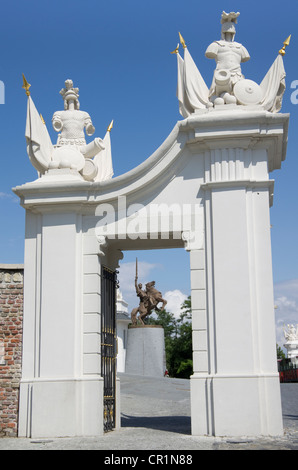 Side gate to the forecourt of the castle with statues, renovated Castle of Bratislava, Slovakia, Europe Stock Photo