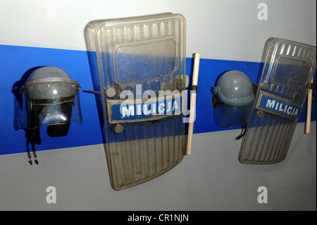 Communist police shields and helmets pre revolution at the Roads to Freedom Museum. Gdansk, Poland Stock Photo