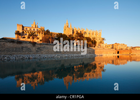 Almudaina Palace, La Seu Cathedral, Parc de Mar, Palma de Majorca, Majorca, Balearic Islands, Spain, Europe Stock Photo