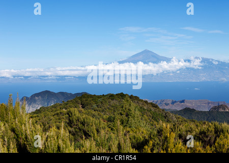 Garajonay National Park, view from Garajonay mountain, highest peak of La Gomera island, Tenerife island with Mount Teide at the Stock Photo