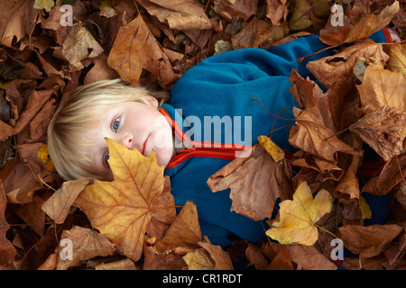 Boy playing in autumn leaves Stock Photo