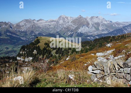 Alpstein panorama with Saentis Mountain seen from the Gamser Rugg Mountain geological nature trail, Toggenburg Stock Photo