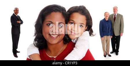 Minority woman and her daughter with grandparents on white background Stock Photo