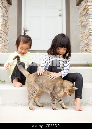 USA, Utah, Salt Lake City, Two sisters (2-3, 4-5) playing with cat Stock Photo