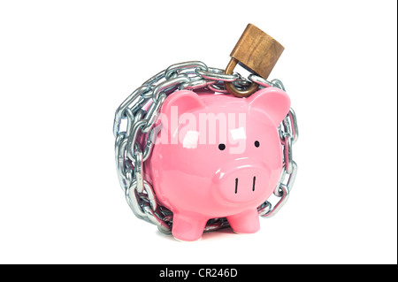 A pink piggybank chained up and locked. Image can be used for financial protection inferences or other investment messages.