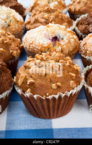 Vertical image of a group of freshly baked breakfast muffins on a blue, checkered tablecloth. Stock Photo