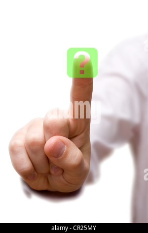 finger pressing Question Button on white background. Stock Photo