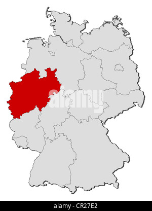 Political map of Germany with the several states where North Rhine-Westphalia is highlighted. Stock Photo