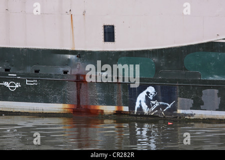 The Grim Reaper depicted by the renowned street artist Banksy on the hull of the Thekla showboat moored in Bristol's Mud Dock Stock Photo
