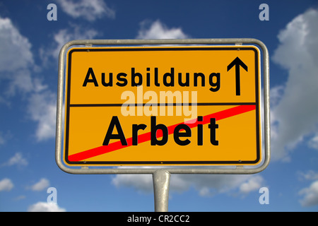 German road sign work and apprenticeship with blue sky and white clouds Stock Photo