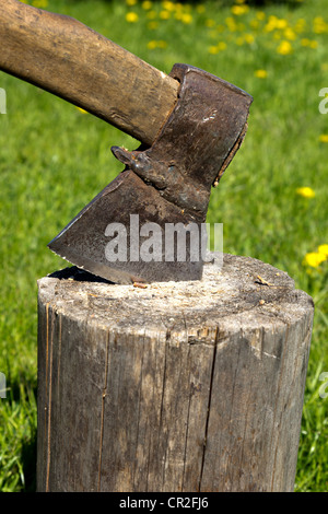 rusty axe stuck in a tree stump, against the background of nature Stock Photo