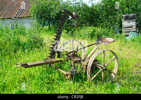 old agricultural machine - horse standing in grass mower Stock Photo