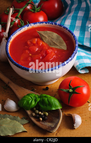 Still life with traditional tomato sauce and ingredients Stock Photo