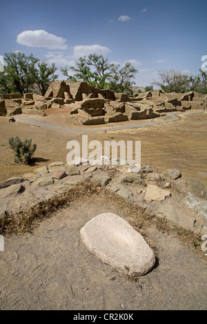 A corn grinding stone at Aztec Ruins National Monument, New Mexico Stock Photo