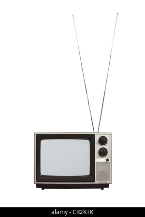 Blank screen portable vintage television with long antennas up. Isolated on white. Stock Photo