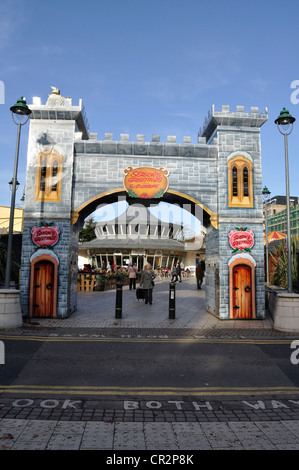 Castellated gateway to the Christmas Market in Bournemouth Town Centre 2011, as viewed from the entrance to the Lower Gardens. Stock Photo