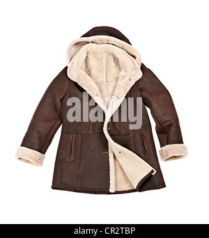 Warm brown shearling winter coat isolated on white Stock Photo