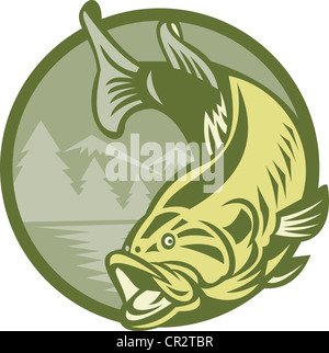 Illustration of a largemouth bass fish jumping with lake river water and mountains in background done in retro style. Stock Photo