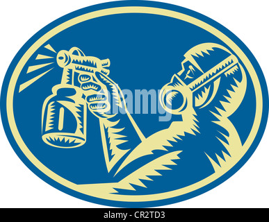 Illustration of a painter spraying with spray paint gun viewed from the ...
