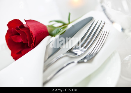 Romantic table setting with rose plates and cutlery Stock Photo