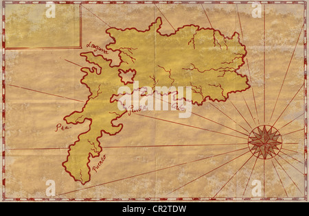 Illustration of a treasure map showing island with coast and compass ...