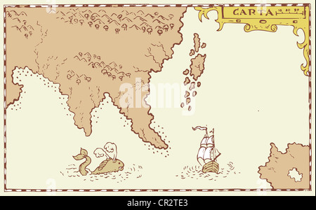 Illustration of a treasure map showing island with coast and compass ...