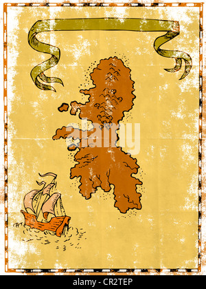 Illustration of a treasure map showing island with coast and compass ...